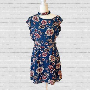 sleeveless blue cream and red flowered dress